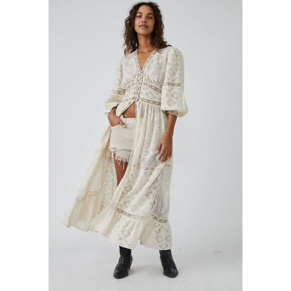 Intimately Free People See Me At Sunset Robe Kimono Lace Boho Cream Large K168 - Picture 2 of 13